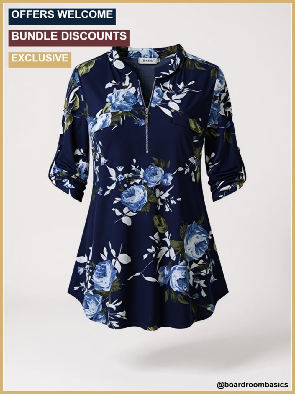 Womens 3/4 Sleeve Floral Blouse Zip Up V Neck Work Chiffon Top Tunic